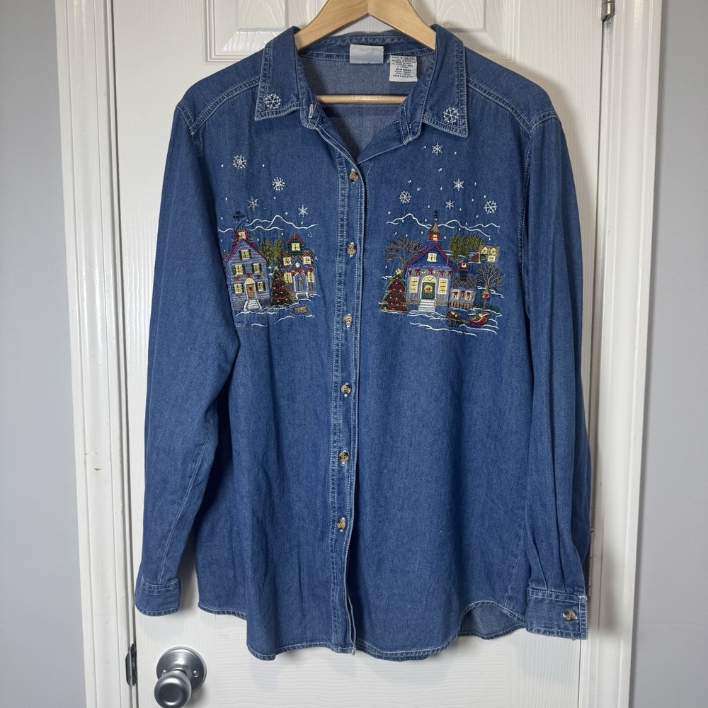 Vintage Bobbie Brooks‎ Embroidered Christmas Snow Denim Button-Down Shirt Large